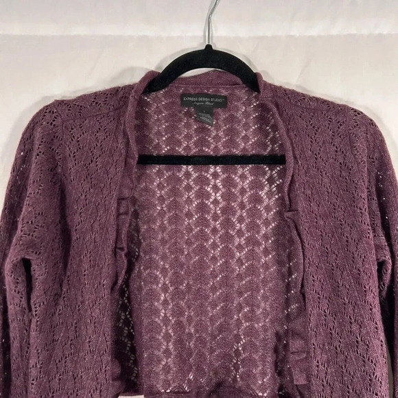 Express Cardigan Women's Small Burgundy Open Knit Cropped - Picture 2 of 8